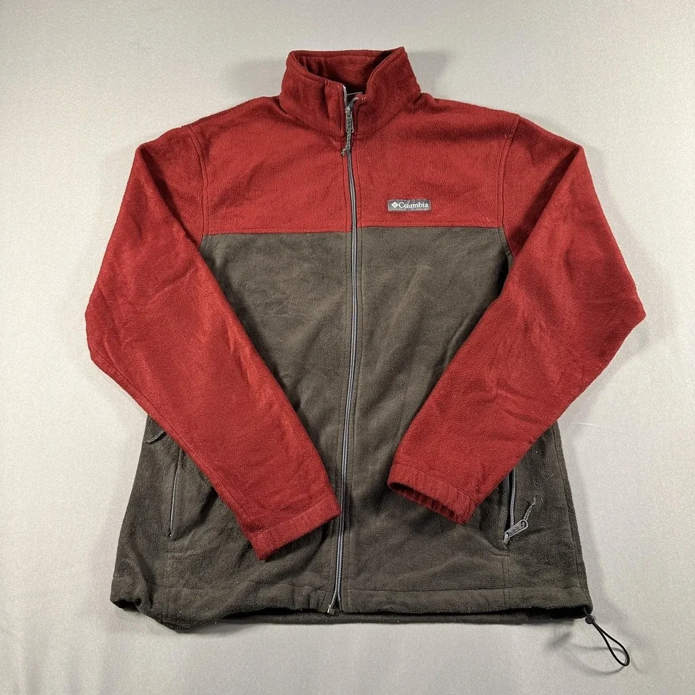 Columbia Jacket Mens Large Red Gray Fleece Full Zip Pockets Outdoor Hiking